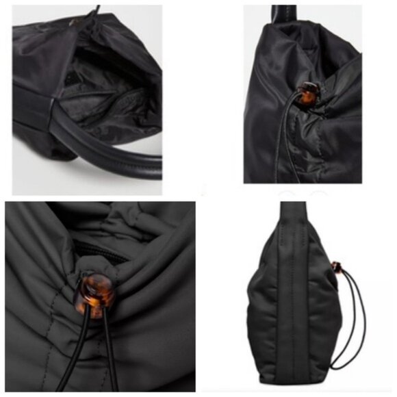 STAUD Felix Shoulder Bag Nylon Leather Trimmed Ruched Shell Tote Logo Zip Pocket - Picture 8 of 16